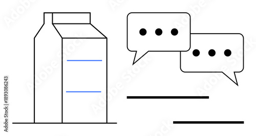 Milk carton with two speech bubbles, representing dialogue, feedback, marketing, interaction, communication, branding, and consumer engagement. Ideal for commerce feedback systems marketing