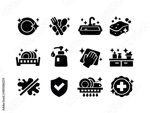 Clean Kitchen Icons. Clean kitchen icons. Solid icon set of Clean kitchen icons: sparkling plate, clean utensils, disinfected sink, fresh sponge, dish rack