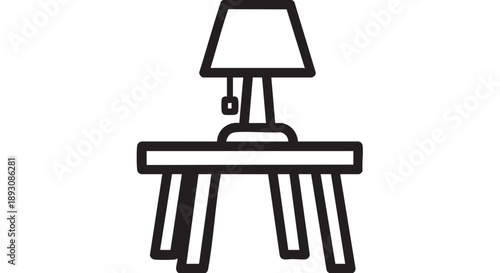 Simple black line illustration of a lamp on a three-legged table viewed from the side