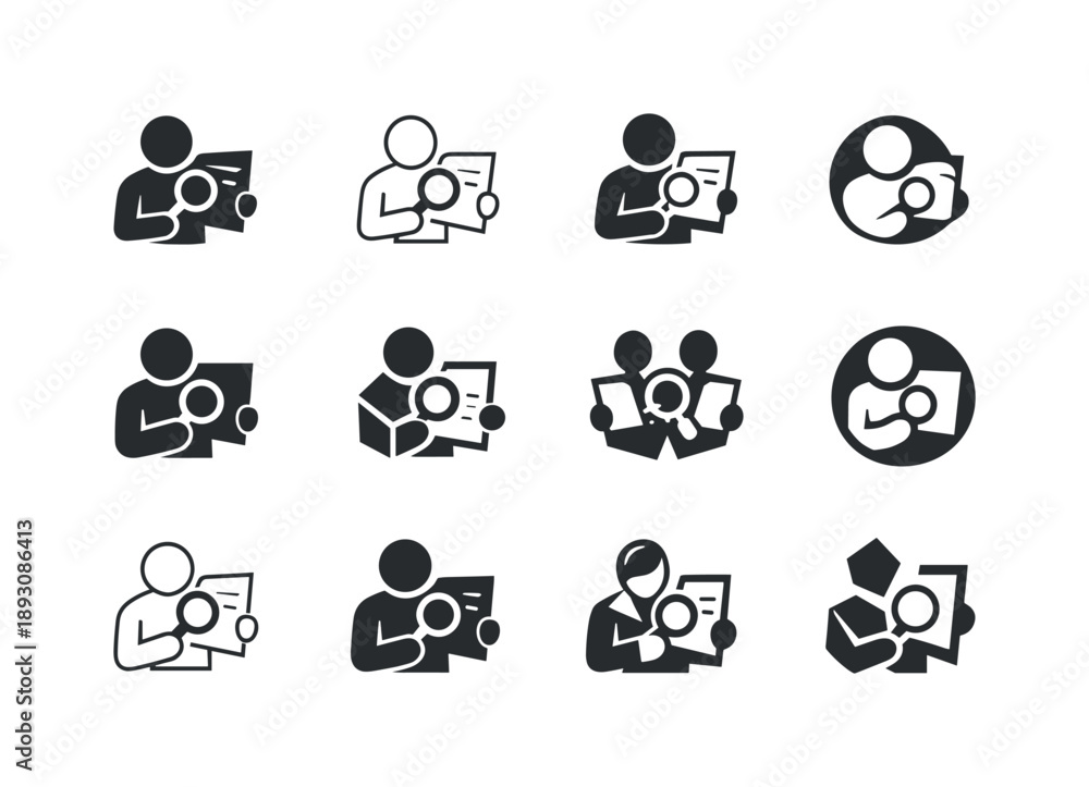 Fototapeta premium Work Routine Icons. Daily work routine scenes. Icon set. Set Logo of Daily work routine scenes: reviewing documents. harmonious logo variations of the same
