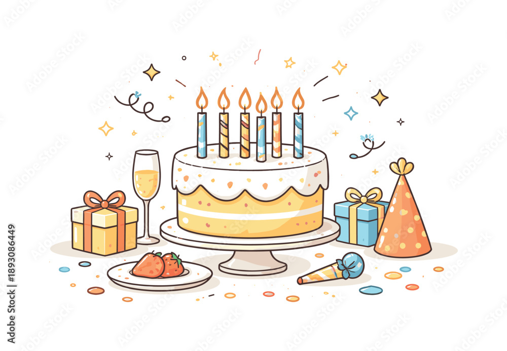 Naklejka premium Birthday Cake Bliss. Birthday cake time. A central view of a birthday cake with candles lit, surrounded by simple table elements. Warm tone, balance, and