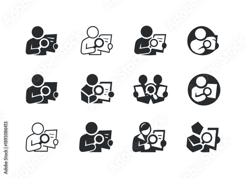 Work Routine Icons. Daily work routine scenes. Icon set. Set Logo of Daily work routine scenes: reviewing documents. harmonious logo variations of the same