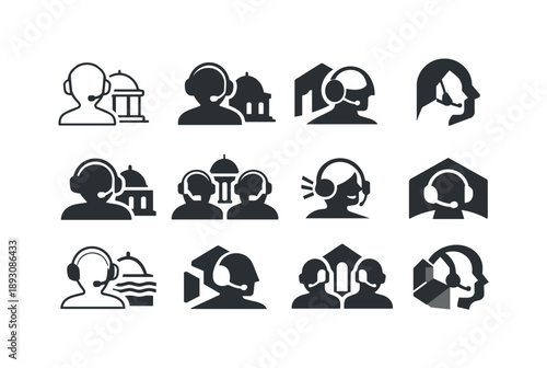 Exhibition Logo Variations. Exhibitions and learning experiences. Icon set. Set Logo of exhibitions and learning experiences: guided tour headset. harmonious