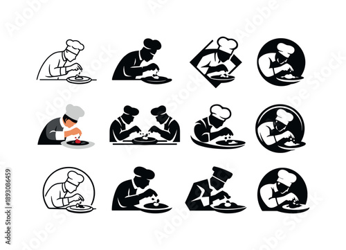 Chef's Garnish Icons. A chef adding garnishes to a dish for presentation. Icon set. Set Logo of A chef adding garnishes to a dish for presentation: chef