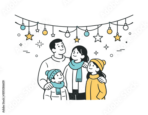 Family Holiday Lights. Family looking at holiday lights tradition. Family pausing together under hanging lights and stars, relaxed posture and shared