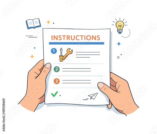 Instruction Sheet Focus. Reading instructions ? focused preparation. Close-up editorial scene of hands holding an instruction sheet, careful attention to