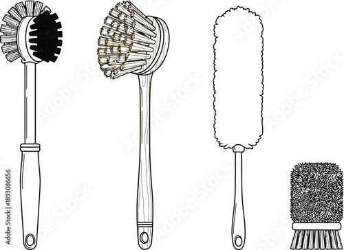 Various brushes with different bristles and handles cleaning scrubbing