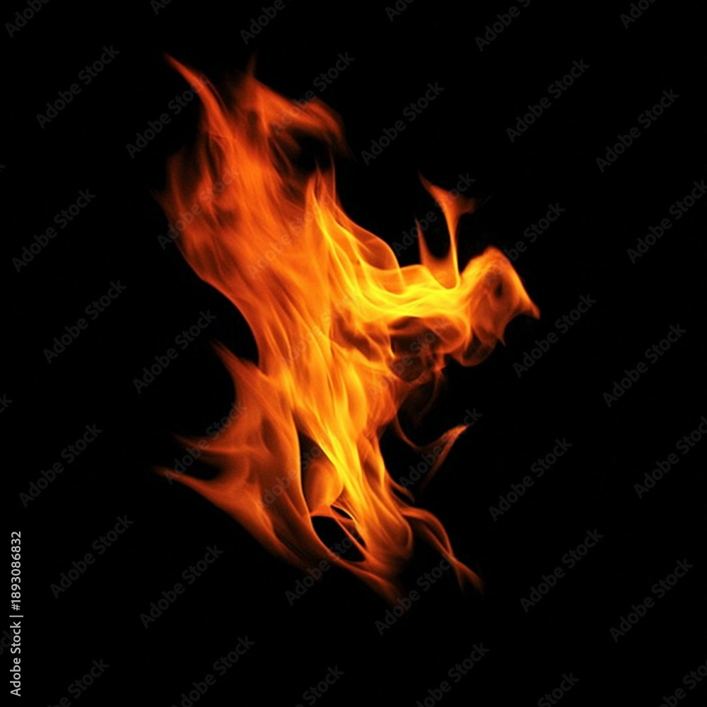 Fototapeta premium Intense orange flames flicker dynamically on black canvas. Tiny embers fly outward with glowing trails. Suitable for VFX, animation, or abstract designs. 