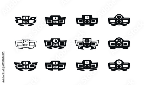 Arena Scoreboard Logos. Arena scoreboard. Icon set. Set Logo of arena scoreboard: scoreboard with timer. harmonious logo variations of the same emblematic