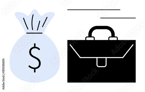 Financial planning, business strategy, corporate investments, savings management, entrepreneurship, wealth creation. Money bag with a dollar sign beside a briefcase. Financial planning and business