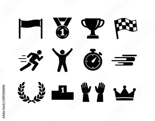 Race Victory Icons. Winning the Race. Solid icon set of Winning the Race: finish line banner, first place medal, trophy cup, checkered flag, runner sprinting,