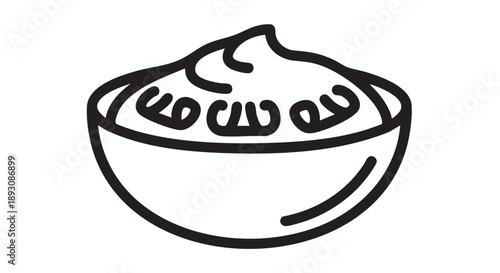 Simple illustration of a bowl filled with cream and decorative swirls viewed from the side.