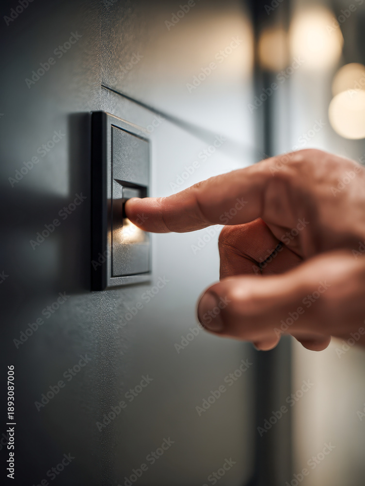 Naklejka premium Person pressing a modern black light switch on a dark wall turning on the illuminated button in a cozy indoor environment with blurred background lighting
