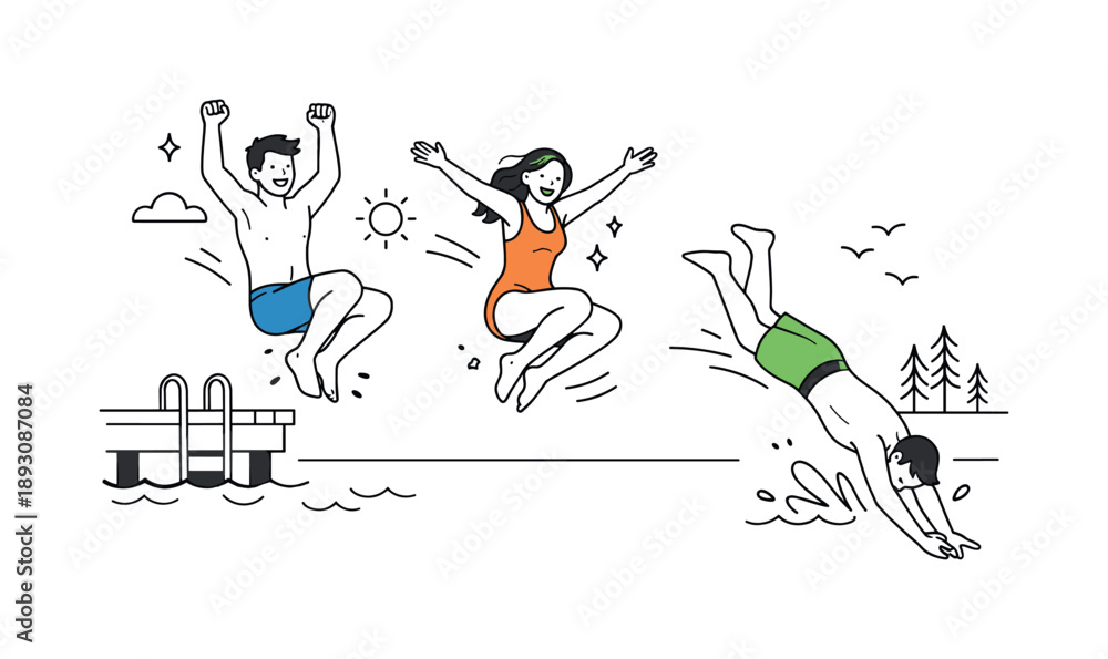 Obraz premium Joyful Lake Jump. Carefree lake jump. Friends enjoying a bold jump into the water on a warm day. Freedom, laughter, and youthful energy expressed through