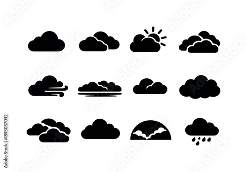 Cloudy Sky Icons. Cloudy Sky. Solid icon set of Cloudy Sky: cloud, overcast cloud, sun behind cloud, layered clouds, wind cloud, gray sky horizon, drifting