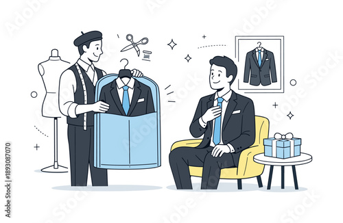 Custom Fashion Experience. Custom fashion experience. Client receiving finished tailored clothing, relaxed and satisfied interaction. Friendly editorial scene