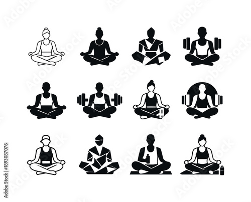 Mindfulness Athlete Icons. A person practicing mindfulness and relaxation after a workout session. Icon set. Set Logo of A person practicing mindfulness and