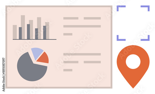 Business analytics, data tracking, report generation, geographical mapping, statistics, visual . Bar and pie charts alongside a location marker icon. Business analytics and data tracking concept