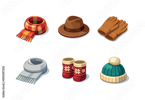 Autumn Winter Icons. Autumn winter style. Isometric flat vector icons set of autumn winter style: plaid scarf, felt hat, suede gloves, cashmere scarf, knitted