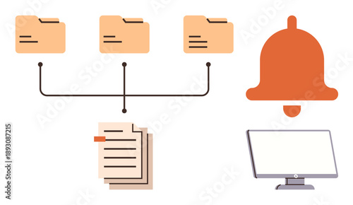 File organization, notification systems, data management, workflow automation, business tools, digital processes. Folders connected to files, screen and bell icon. File organization and notification
