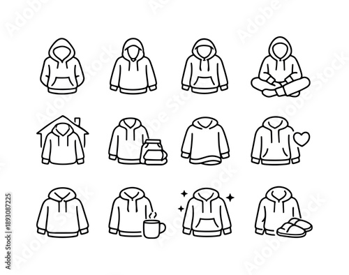 Comfy Hoodie Icons. Comfort clothing hoodie. Line icon set of Comfort clothing hoodie: soft texture hoodie, relaxed clothing, home wear hoodie, lounge apparel,