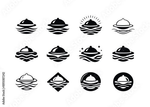 Immersive Dining Icons. Food as an experience and immersive dining. Icon set. Set Logo of food as an experience and immersive dining: floating dishes and