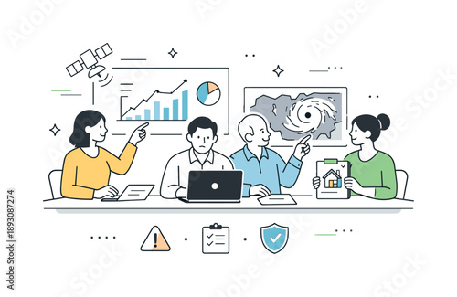 Science in Disaster Management. The role of science in disaster management and preparedness ? data-driven decisions. Team reviewing charts, satellite data, and