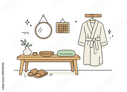 Japandi Entryway Elegance. Japandi style decor objects. A neutral-toned entryway with a wooden bench, woven slippers, and hanging cotton robe. Natural textures