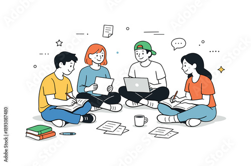 Cozy Study Circle. Friendly learning group. A minimal scene of students sitting comfortably in a circle or group, working through assignments with calm