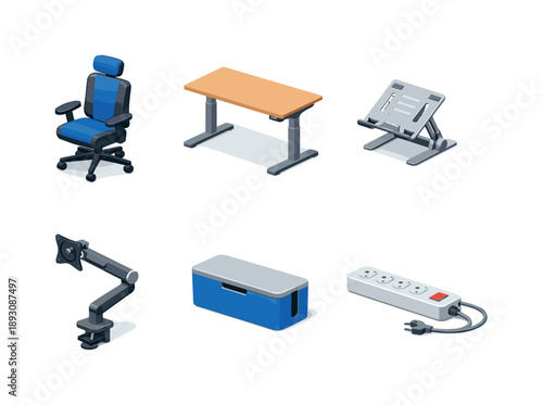 Ergonomic Workstation Icons. Workstation. Isometric flat vector icons set of workstation: ergonomic office chair, adjustable desk, laptop stand, monitor arm,