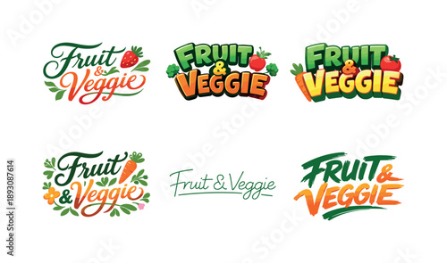 Fruit Veggie Lettering Grid. Healthy fruit and veggie lettering. Set lettering. harmonious lettering variations of the same emblematic concept, each with