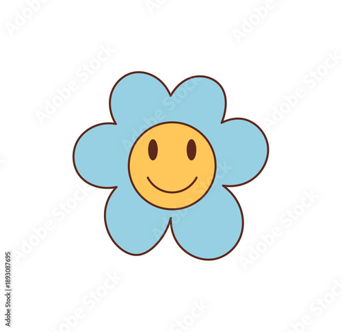 Groovy retro flower cartoon sticker with happy smiley and cute blue yellow color. This playful groovy element and y2k sticker adds fun to any cheerful pop design. Bright cartoon graphic style,