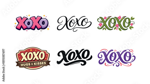 Diverse XOXO Lettering Styles. XOXO hugs and kisses lettering. Set lettering. harmonious lettering variations of the same emblematic concept, each with