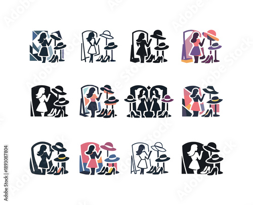 Fashionista Icon Set. A fashionista putting together an outfit with accessories in front of a mirror. Icon set. Set Logo of a fashionista putting together an