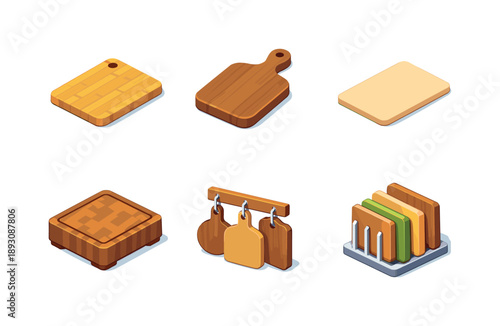 Isometric Kitchen Boards. Kitchen Boards. Isometric flat vector icons set of Kitchen Boards: bamboo chopping board, wooden cutting board, thin prep board,