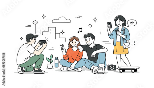 Urban Photo Session. Friends doing a photo session. Casual poses with natural lighting, smartphones visible, relaxed creative moment and balanced composition