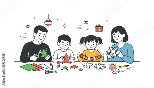 Family Crafting Joy. Family making holiday crafts. Parents and children sitting around a table creating simple holiday decorations with paper and scissors,