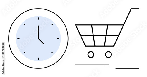 Clock with marked time near a rolling shopping cart, symbolizing time-saving, shopping convenience, or retail efficiency. Ideal for time management, scheduling, online shopping, e-commerce