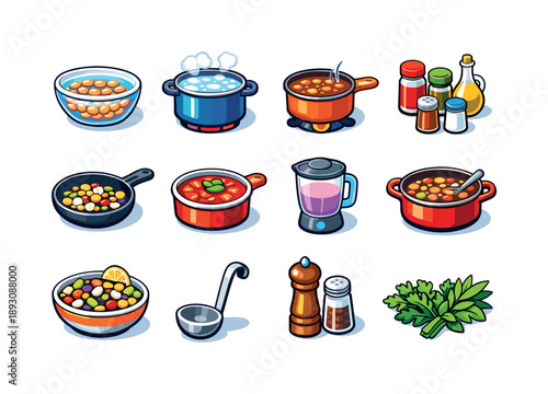 Cooking With Beans Icons. Cooking With Beans. Colorful isometric vector icons set of Cooking With Beans: soaked beans, boiling pot, simmering beans, seasoning