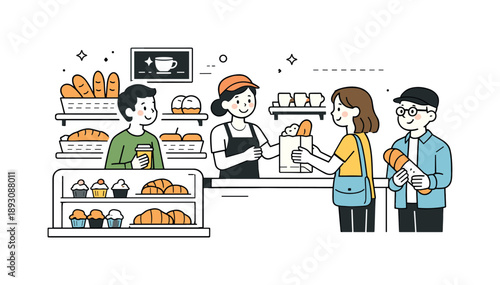 Welcoming Bakery Scene. Bakery interior view. A simplified scene of a bakery interior with counters, display shelves, bread, pastries, and friendly staff
