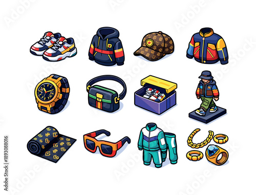 Luxury Streetwear Icons. Luxury streetwear. Colorful isometric vector icons set of Luxury streetwear: premium sneakers, branded hoodie, designer cap, limited