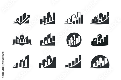 City Growth Logos. city skyline growth. Icon set. Set Logo of city skyline growth: skyline with ascending bars. harmonious logo variations of the