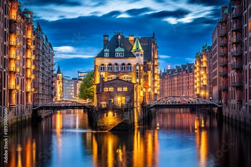 Famous Wasserschloss in the Hamburg Speicherstadt at blue hour