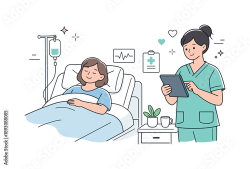 Hospital Recovery Scene. Hospital care and recovery. A patient resting in a hospital bed while a nurse gently checks a tablet with medical notes, calm and