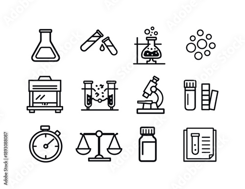 Laboratory Experiment Icons. Laboratory experiment. Line icon set of Laboratory experiment: lab flask, mixing chemicals, boiling liquid, reaction bubbles, fume