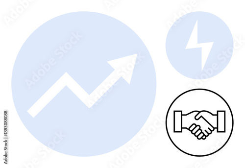 Business growth concept. Business icons highlight progress with a rising arrow, energy with a lightning bolt, and trust through a handshake. Useful for entrepreneurship, teamwork, energy solutions
