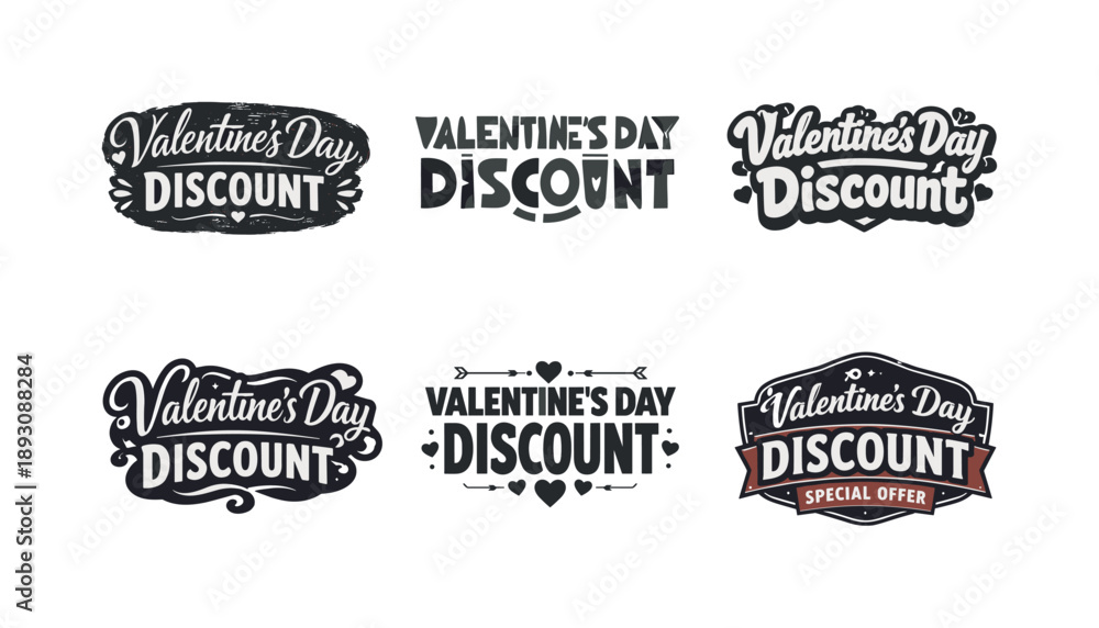 Fototapeta premium Valentine Lettering Styles. Valentine's Day Discount. Set lettering. harmonious lettering variations of the same emblematic concept, each with different
