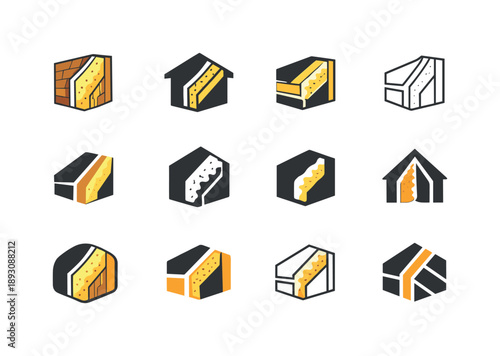 Home Insulation Icons. Home insulation and weatherproofing. Icon set. Set Logo of home insulation and weatherproofing: wall cross-section with insulating foam.