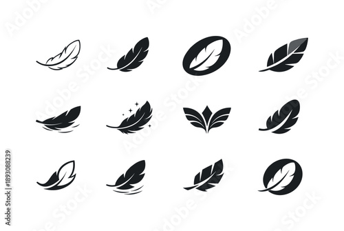 Floating Feather Icons. Weightlessness. Icon set. Set Logo of weightlessness: drifting feather. harmonious logo variations of the same emblematic concept, each