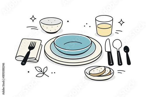 Minimalist Dining Setup. Editorial dinnerware scene. A peaceful dining setup with stoneware plates arranged on a clean table, airy composition with soft